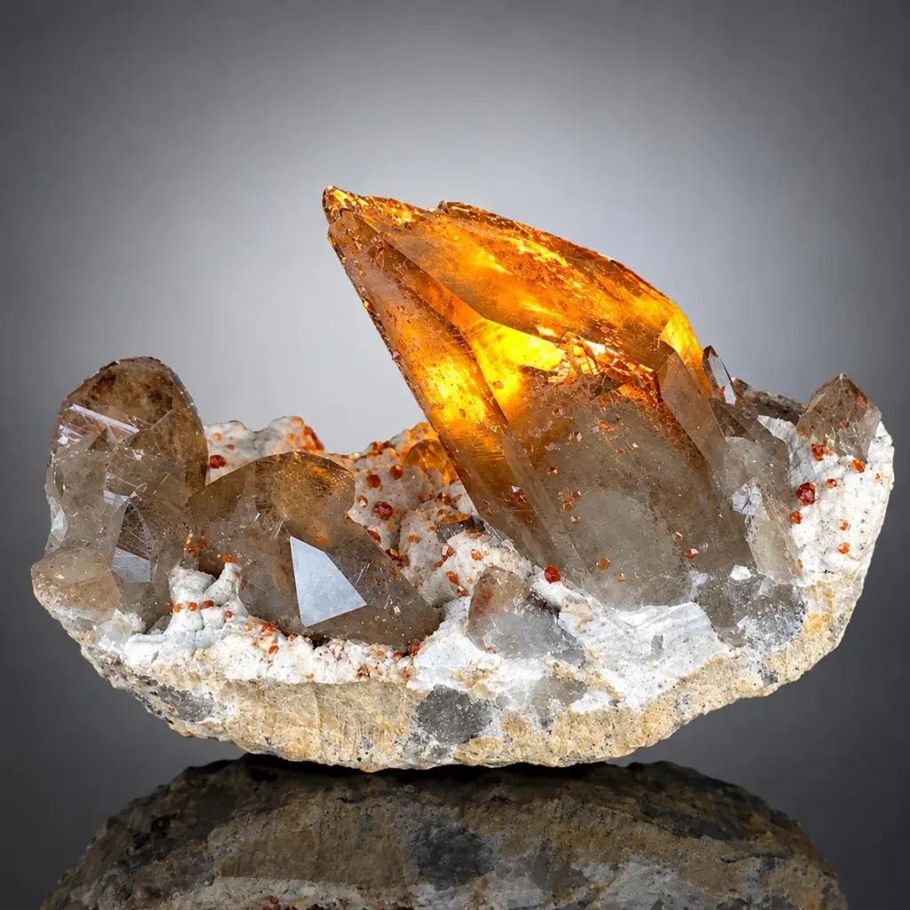 Natural Red Spessartine Garnet in Smoky Quartz on Albite Matrix from China image