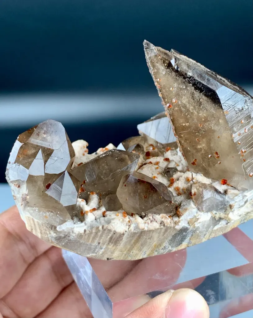 Natural Red Spessartine Garnet in Smoky Quartz on Albite Matrix from China - image 6