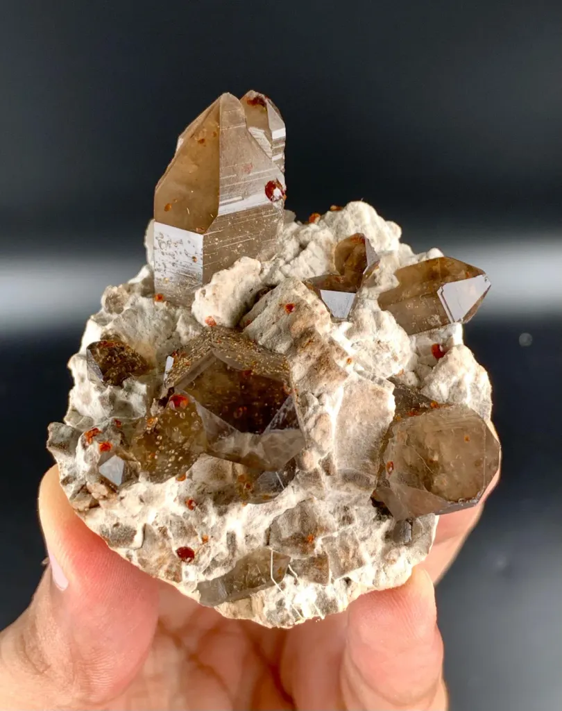 Natural Red Spessartine Garnet in Smoky Quartz on Albite Matrix from China - image 8