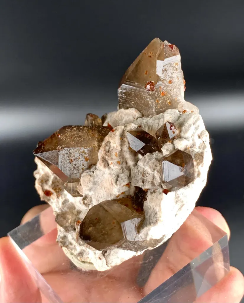 Natural Red Spessartine Garnet in Smoky Quartz on Albite Matrix from China - image 6