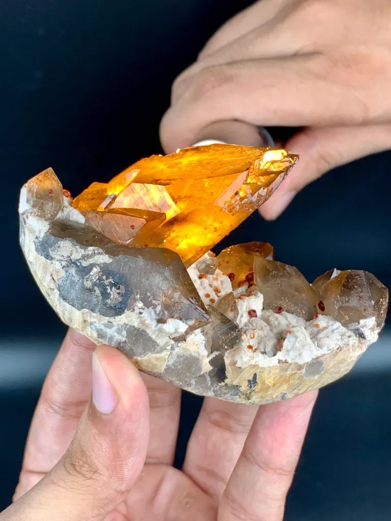 Natural Red Spessartine Garnet in Smoky Quartz on Albite Matrix from China - image 5