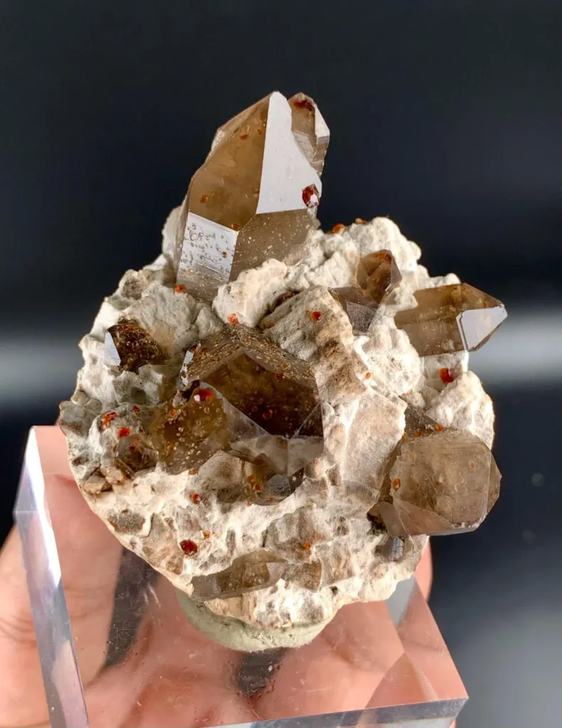 Natural Red Spessartine Garnet in Smoky Quartz on Albite Matrix from China - image 5
