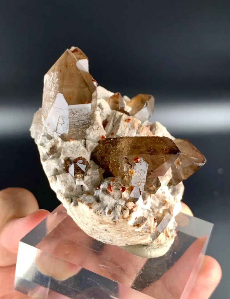 Natural Red Spessartine Garnet in Smoky Quartz on Albite Matrix from China - image 4