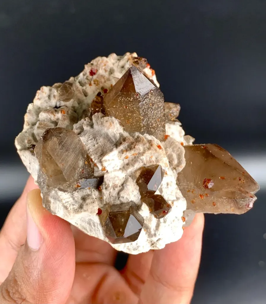 Natural Red Spessartine Garnet in Smoky Quartz on Albite Matrix from China - image 9