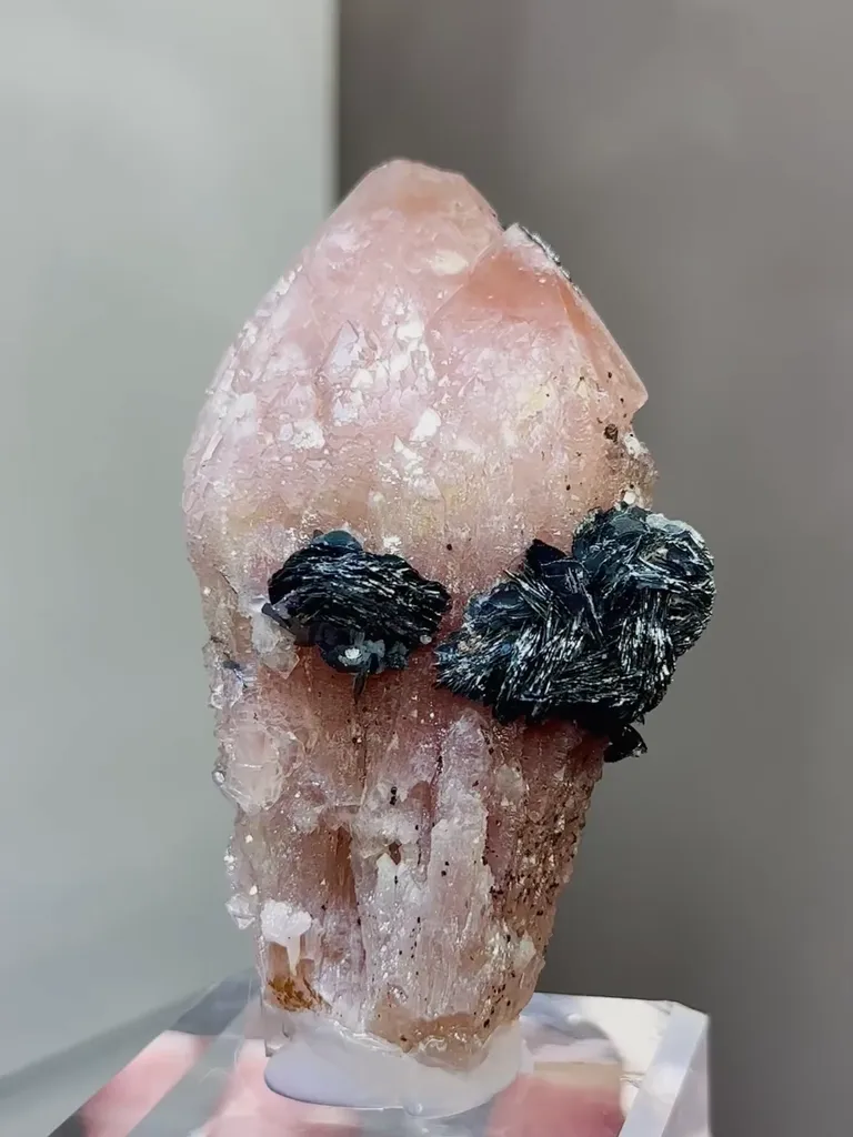 Natural Rose Quartz Tower Pointed  and Mirror Iron Ore coexist comes from Inner Mongolia,China 50*40*80MM image