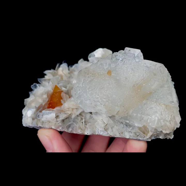 Natural Scheelite and Mica Flakes with Transparent Fluorite, Mineral Specimen:Xuebaoding,Sichuan (100*60*50MM) image
