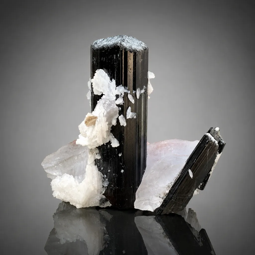 Natural Schorl Black Tourmaline Crystals with Apatite and Quartz from Pakistan image