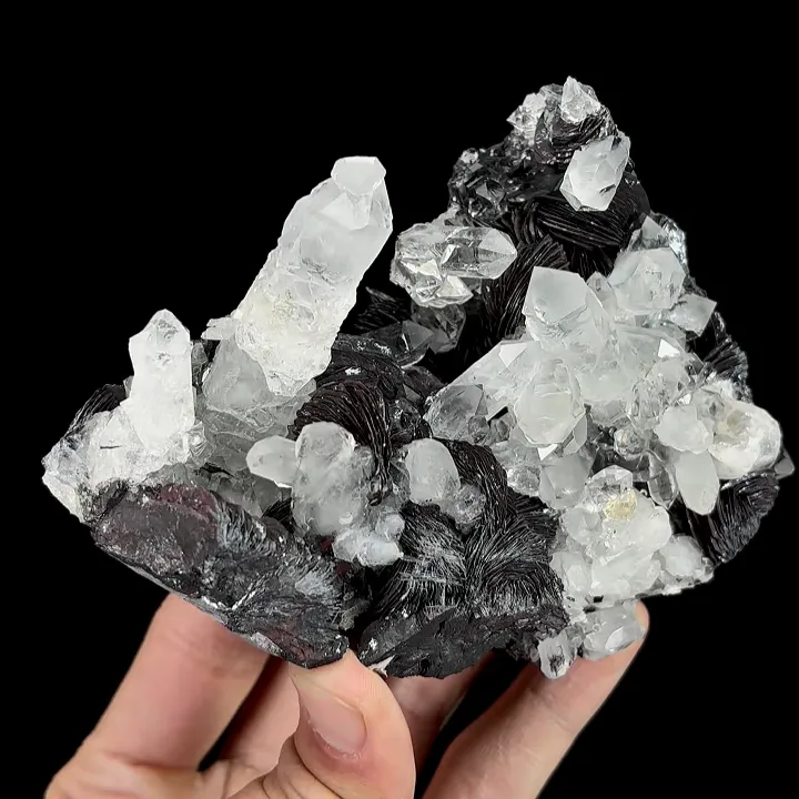 Natural Specularite and Clear Quartz Cluster, Mineral Specimen: Jinlong,Guangdong (125*95*40MM) image