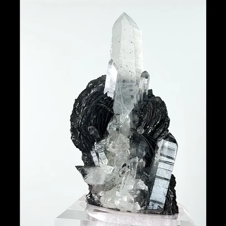 Natural Specularite and Clear Quartz Tower, Mineral Specimen: Jinlong,Guangdong (40*35*90MM) - image 4