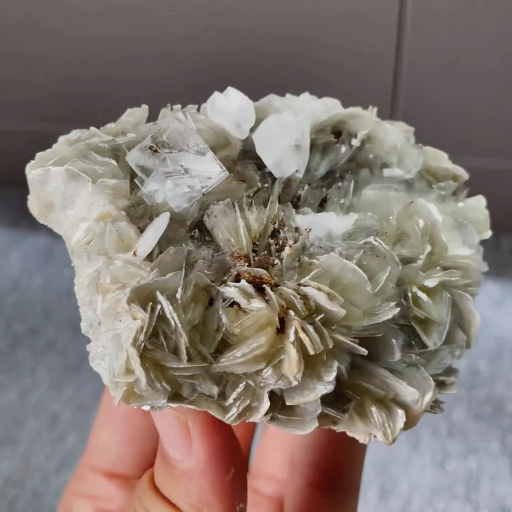 Natural Transparent Cubic Fluorite and Mica Flakes Symbiosis comes from Xuebaoding,Hunan 90*65*35MM - image 3