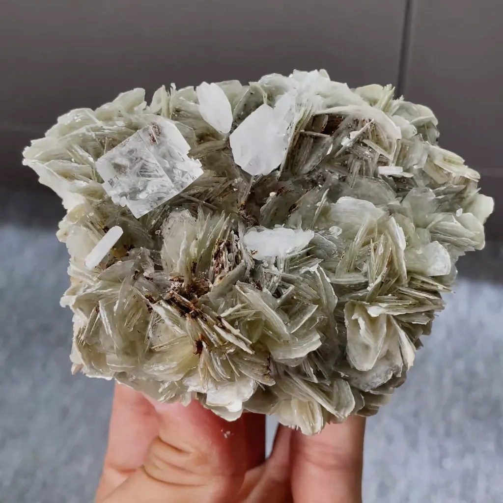 Natural Transparent Cubic Fluorite and Mica Flakes Symbiosis comes from Xuebaoding,Hunan 90*65*35MM - image 2