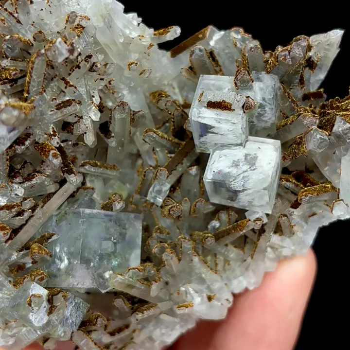 Natural Transparent Cubic Fluorite with Clear Quartz Cluster and Goethite, Mineral Specimen:Shizhuyuan,Chenzhou (80*65*35MM) - image 3