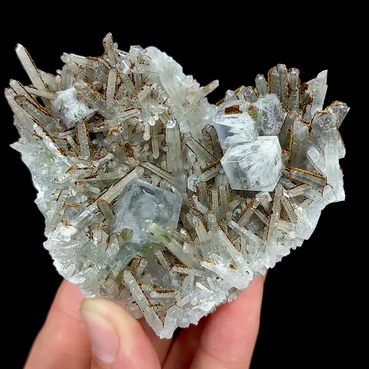 Natural Transparent Cubic Fluorite with Clear Quartz Cluster and Goethite, Mineral Specimen:Shizhuyuan,Chenzhou (80*65*35MM) image