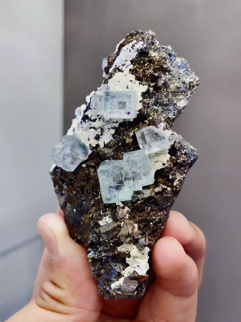 Natural Transparent Qlassy Fluorite and Pyrite coexist, Yindu，Inner Mongolia 50*30*88MM image