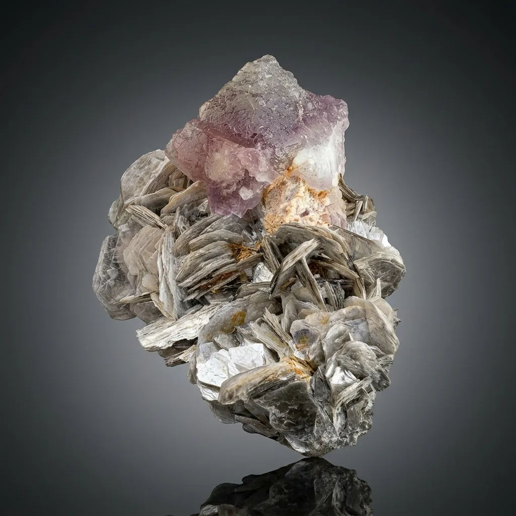 Natural Triangle Bicolor Fluorite Crystal on Muscovite Mica from Pakistan image