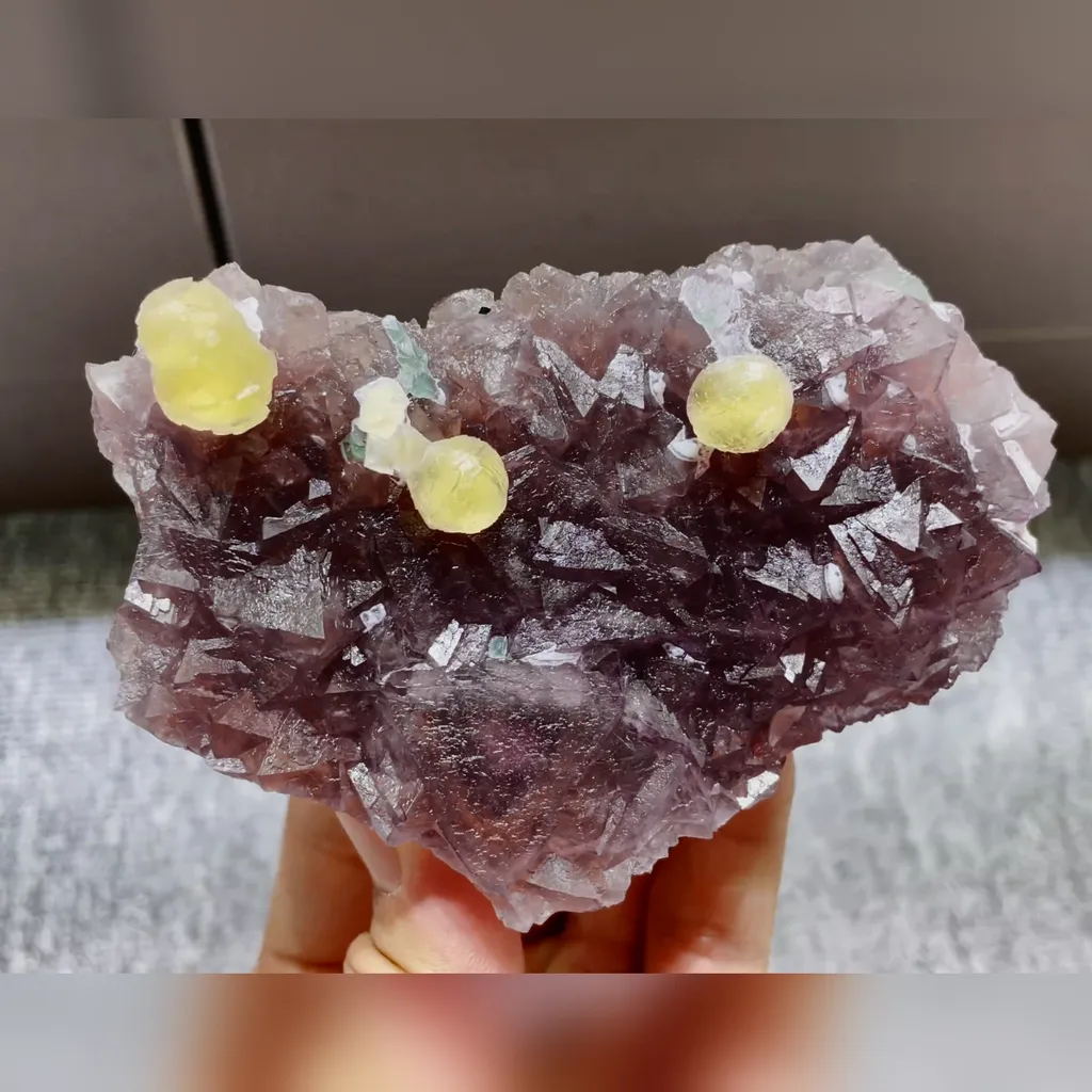 Natural Yellow Spherical Fluorite and Purple Octahedral Fluorite Symbiosis comes from Zhejiang,China 110*70*30MM - image 2