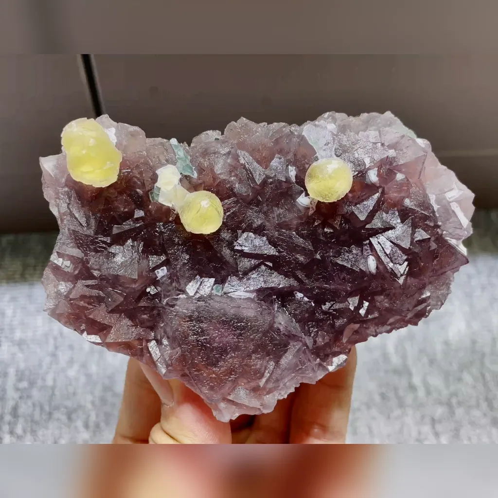 Natural Yellow Spherical Fluorite and Purple Octahedral Fluorite Symbiosis comes from Zhejiang,China 110*70*30MM image