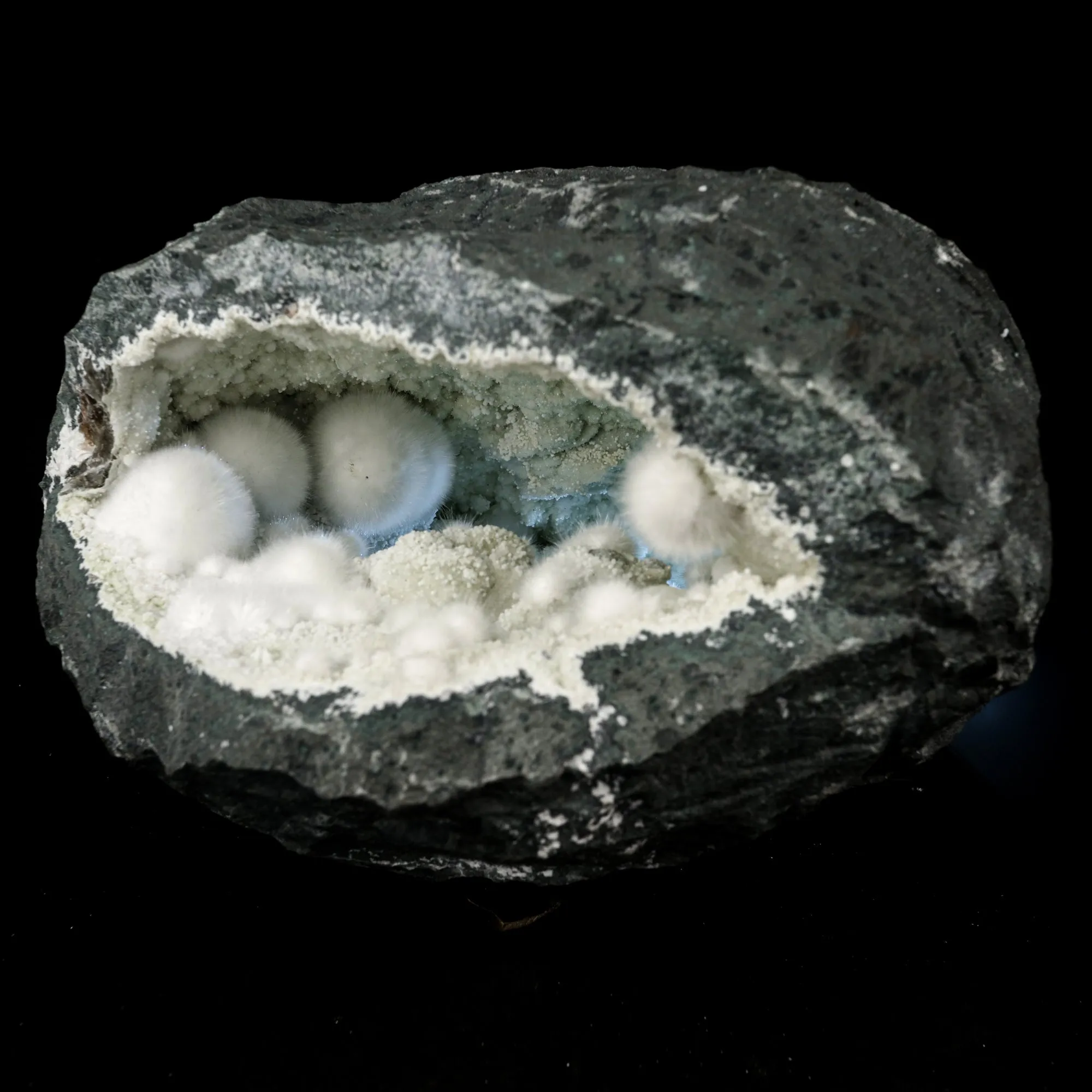 Okenite Big Puffballs Inside with Gyrolite inside Geode Natural Mineral Specimen - image 3