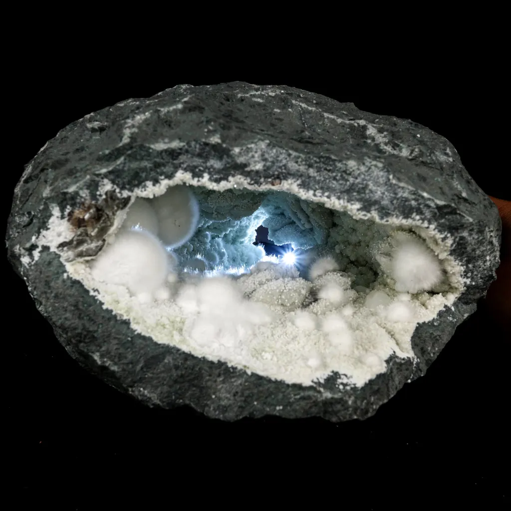 Okenite Big Puffballs Inside with Gyrolite inside Geode Natural Mineral Specimen image