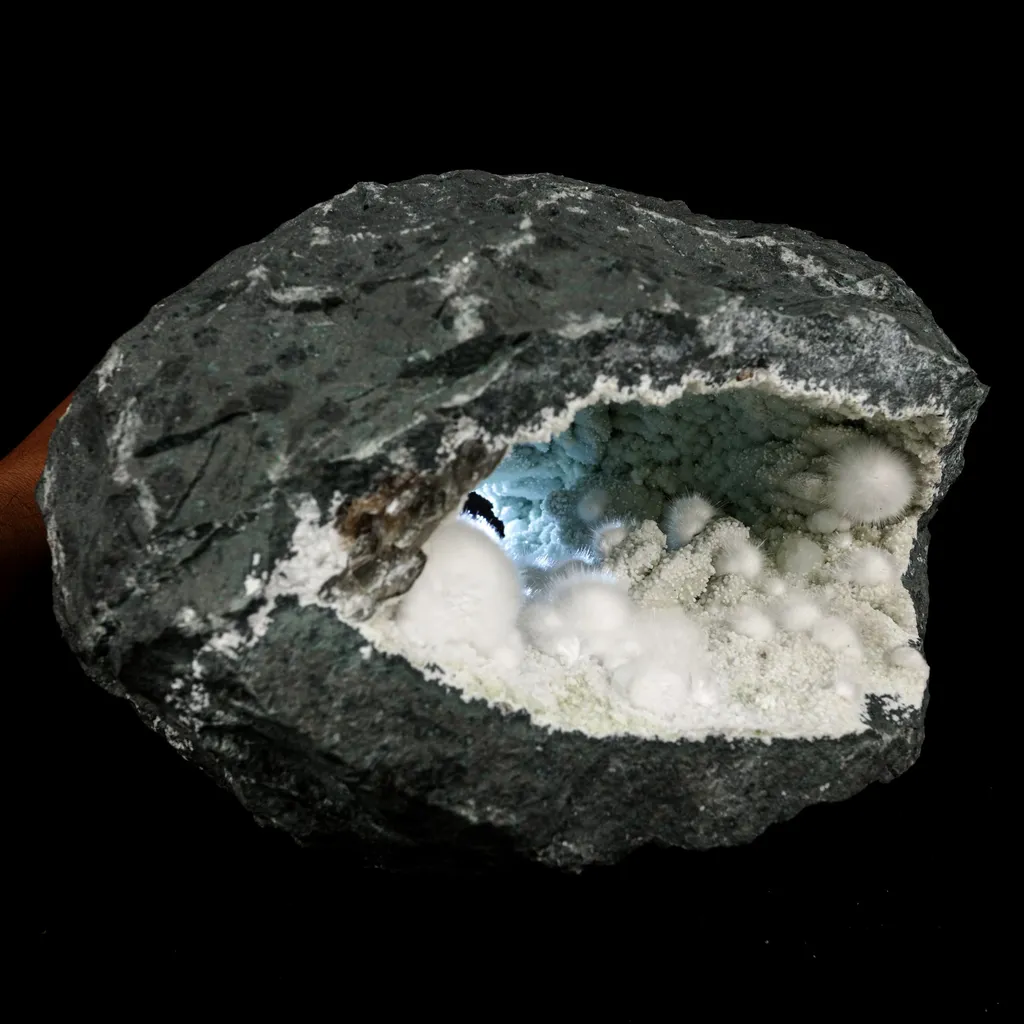 Okenite Big Puffballs Inside with Gyrolite inside Geode Natural Mineral Specimen - image 2