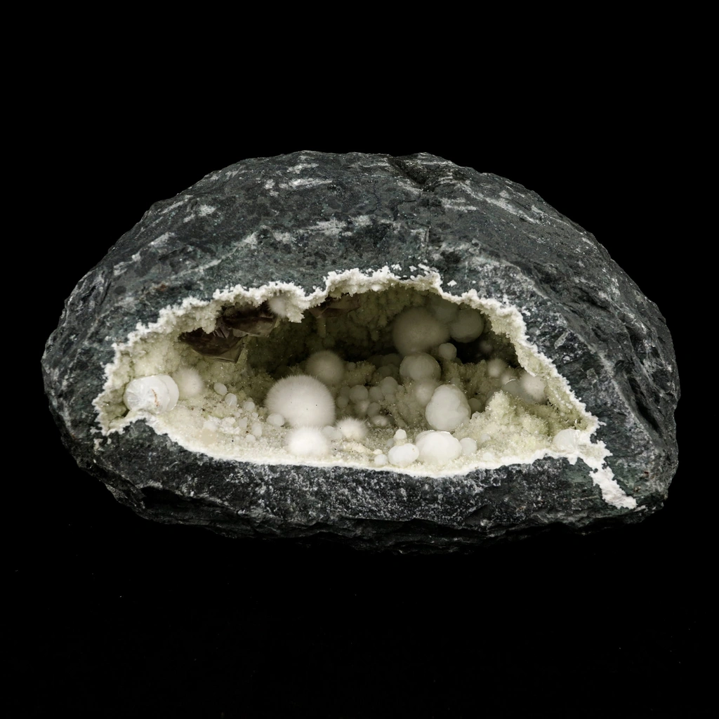 Okenite Big Puffballs with Calcite & Gyrolite inside Geode Natural Mineral Specimen image