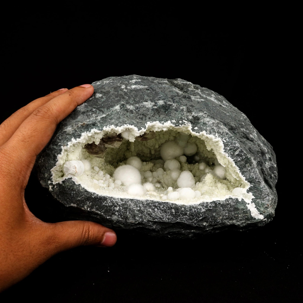 Okenite Big Puffballs with Calcite & Gyrolite inside Geode Natural Mineral Specimen - image 4