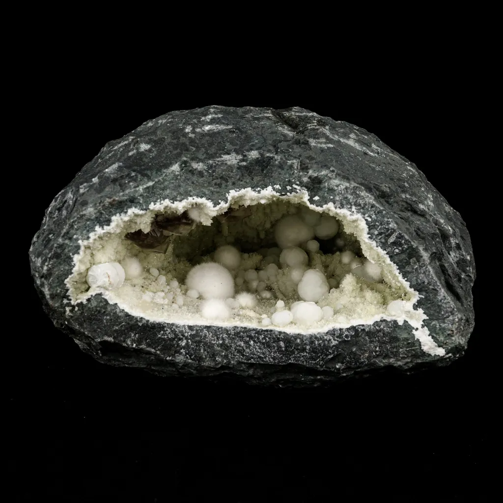 Okenite Big Puffballs with Calcite & Gyrolite inside Geode Natural Mineral Specimen image