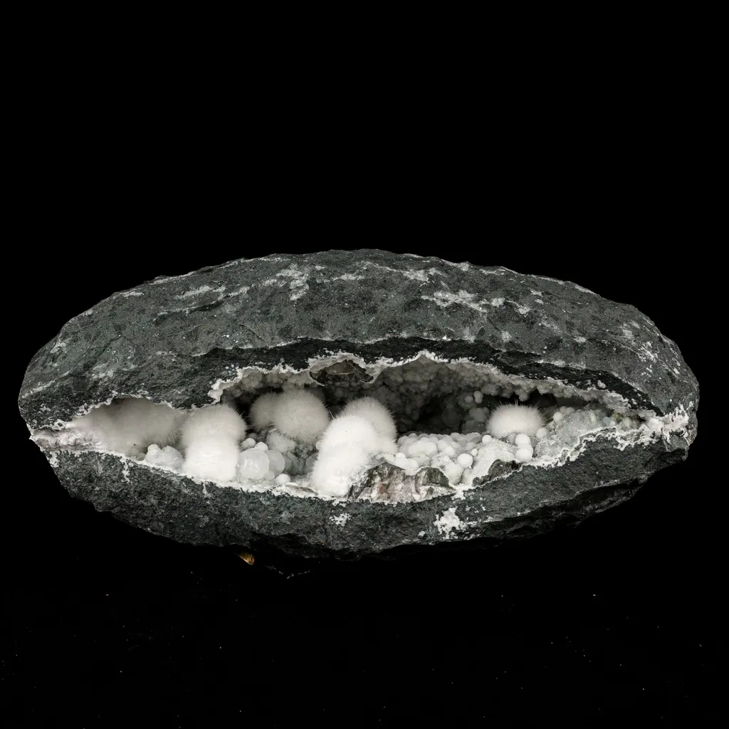 Okenite Big Puffballs with Gyrolite in Geode Natural Mineral Specimen image