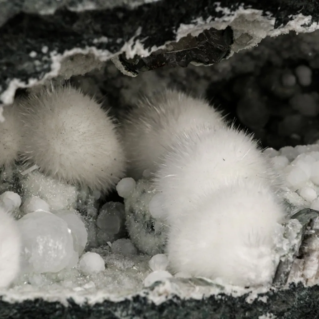 Okenite Big Puffballs with Gyrolite in Geode Natural Mineral Specimen - image 5