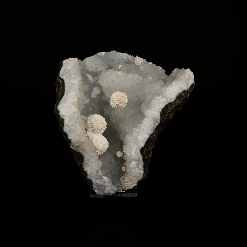 Okenite Puff Balls Inside MM Quartz Geode Natural Mineral Specimen image
