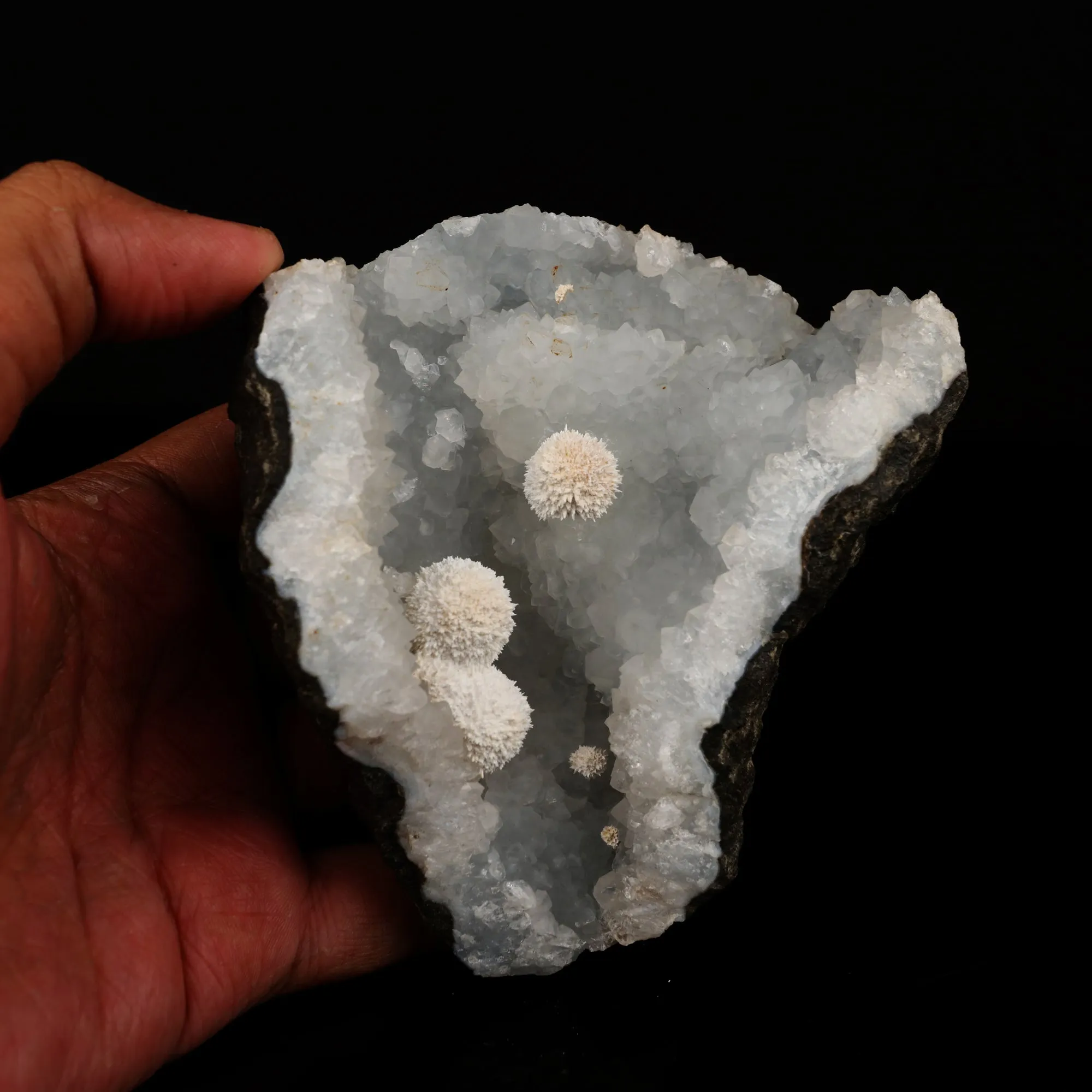 Okenite Puff Balls Inside MM Quartz Geode Natural Mineral Specimen - image 5