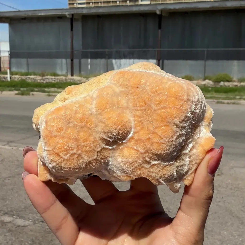 Orange Botryoidal Thomsonite with Needle Mesolite & Calcite – Indian Zeolite Mineral Specimen from Madhya Pradesh - image 2