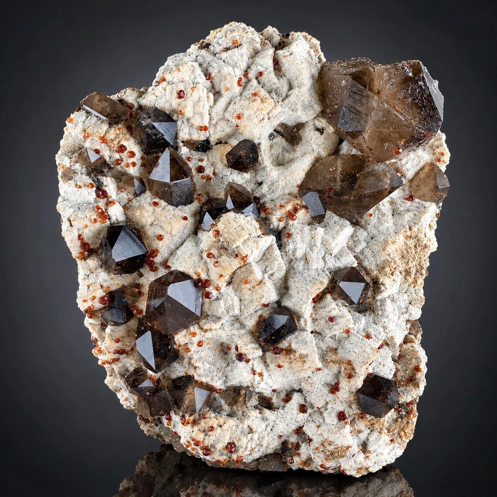 Orange Red Spessartine Garnet combine Smoky Quartz on Matrix from China image