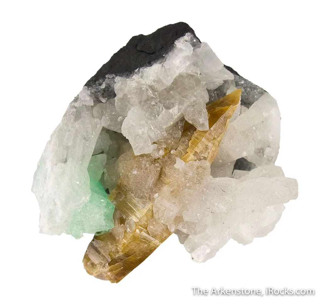 Parisite-(Ce) with Calcite, Emerald, and Apatite image