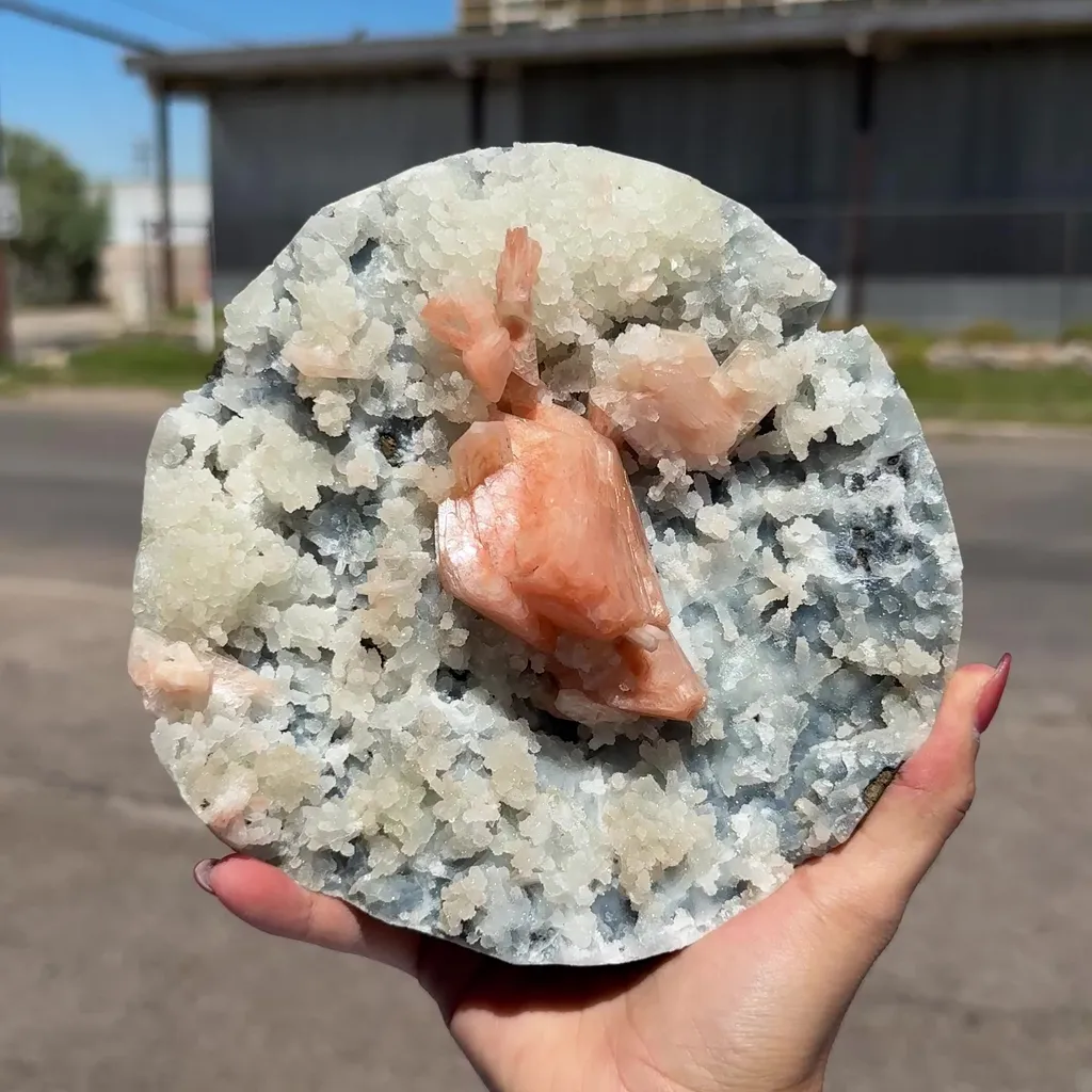 Peach Heulandite on Sparkling Chalcedony Matrix – Indian Zeolite Mineral from Jalgaon - image 2