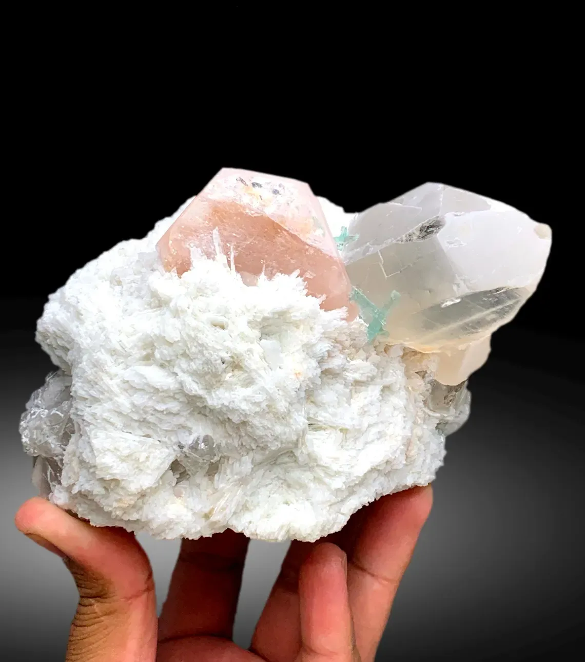 Peach Pink Color Morganite with Green Tourmalines, Quartz and Cleavelandite Albite - 1065 g - image 8