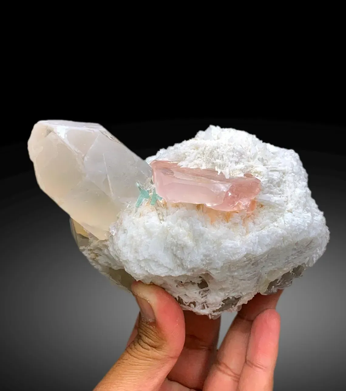 Peach Pink Color Morganite with Green Tourmalines, Quartz and Cleavelandite Albite - 1065 g - image 5