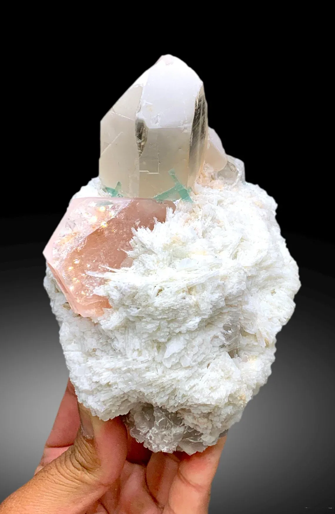 Peach Pink Color Morganite with Green Tourmalines, Quartz and Cleavelandite Albite - 1065 g - image 2