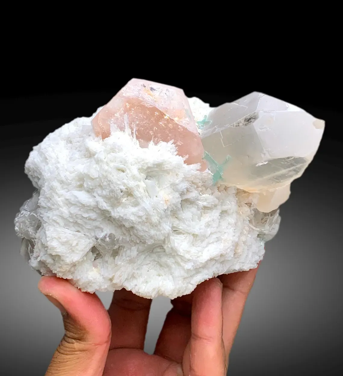 Peach Pink Color Morganite with Green Tourmalines, Quartz and Cleavelandite Albite - 1065 g - image 3