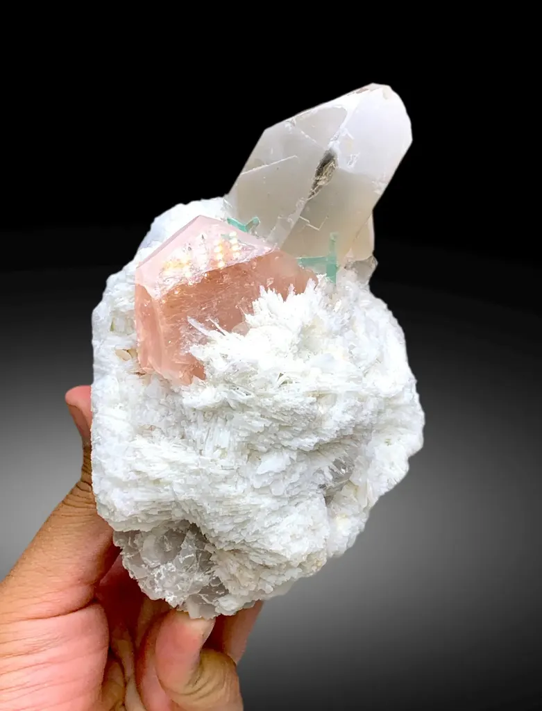 Peach Pink Color Morganite with Green Tourmalines, Quartz and Cleavelandite Albite - 1065 g image