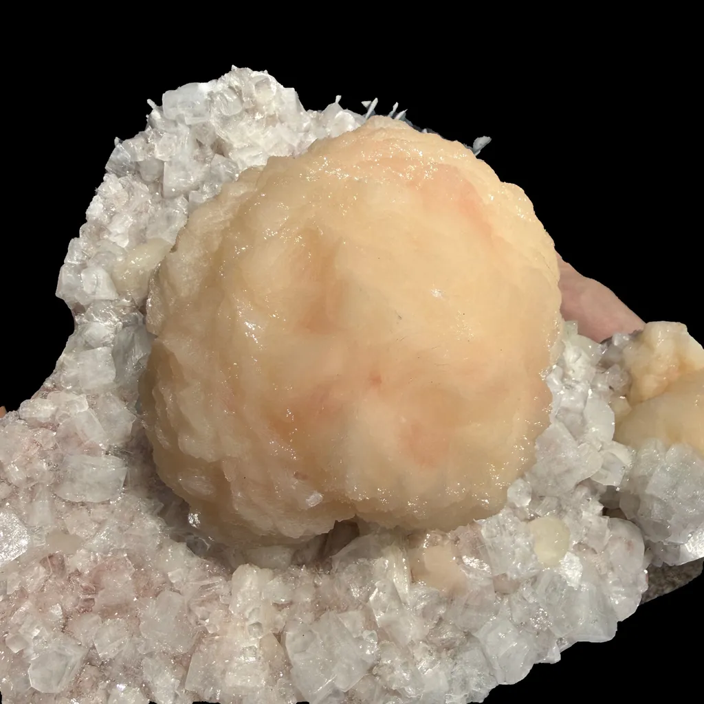 Peach Stilbite Ball Cluster on Blocky Clear Apophyllite Matrix – Rare Indian Zeolite Mineral Specimen from Nashik - image 6