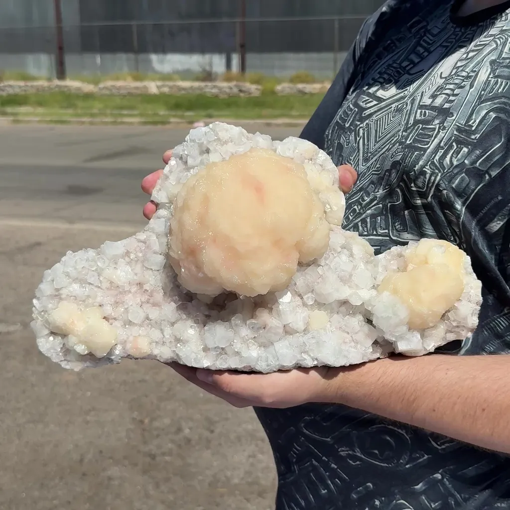 Peach Stilbite Ball Cluster on Blocky Clear Apophyllite Matrix – Rare Indian Zeolite Mineral Specimen from Nashik - image 8