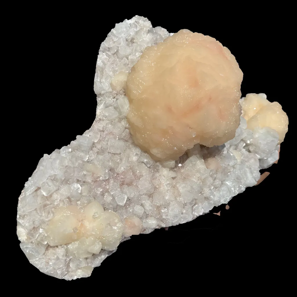 Peach Stilbite Ball Cluster on Blocky Clear Apophyllite Matrix – Rare Indian Zeolite Mineral Specimen from Nashik - image 3