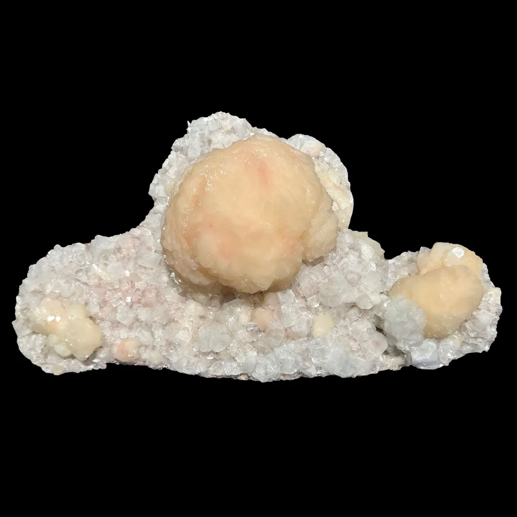 Peach Stilbite Ball Cluster on Blocky Clear Apophyllite Matrix – Rare Indian Zeolite Mineral Specimen from Nashik image