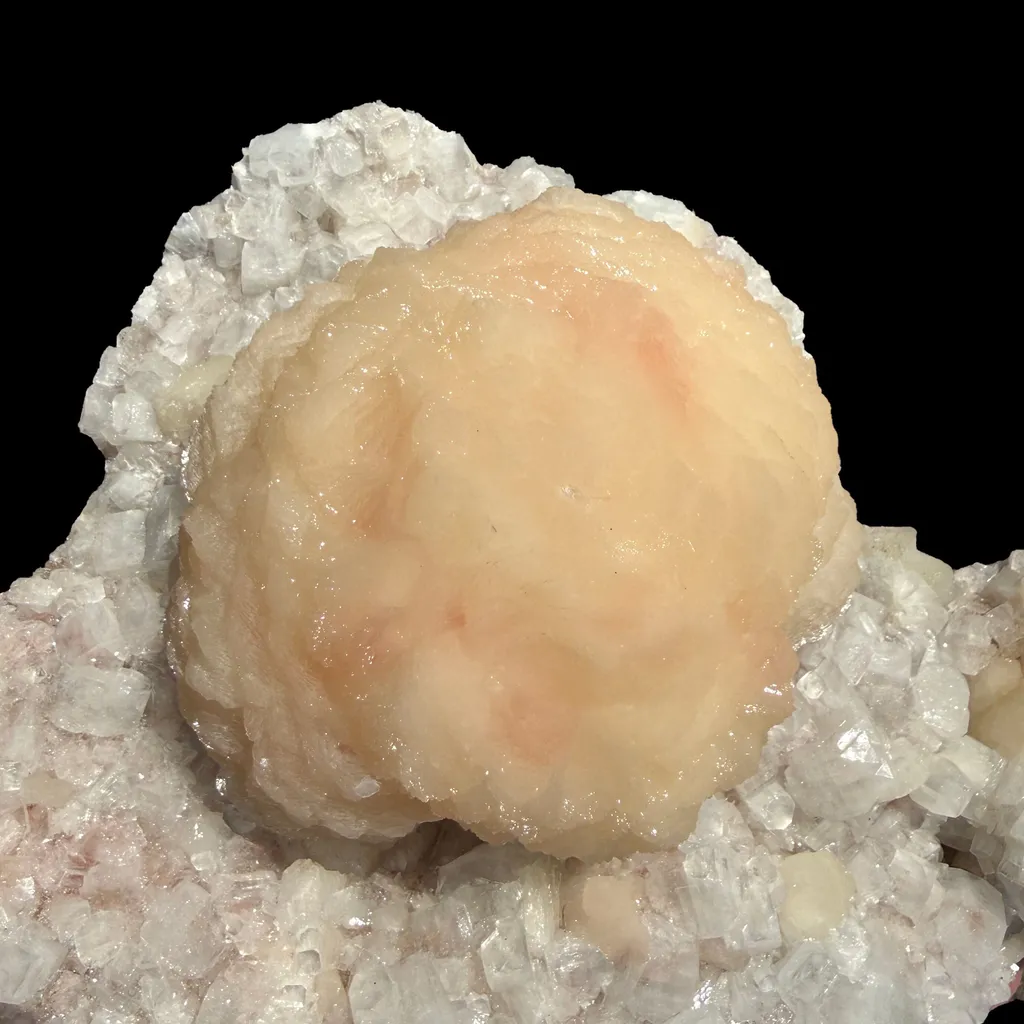 Peach Stilbite Ball Cluster on Blocky Clear Apophyllite Matrix – Rare Indian Zeolite Mineral Specimen from Nashik - image 2