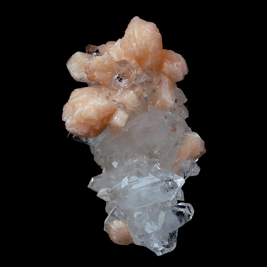 Peach Stilbite on Sprakling Apophyllite Crystals Natural Mineral Specimen image