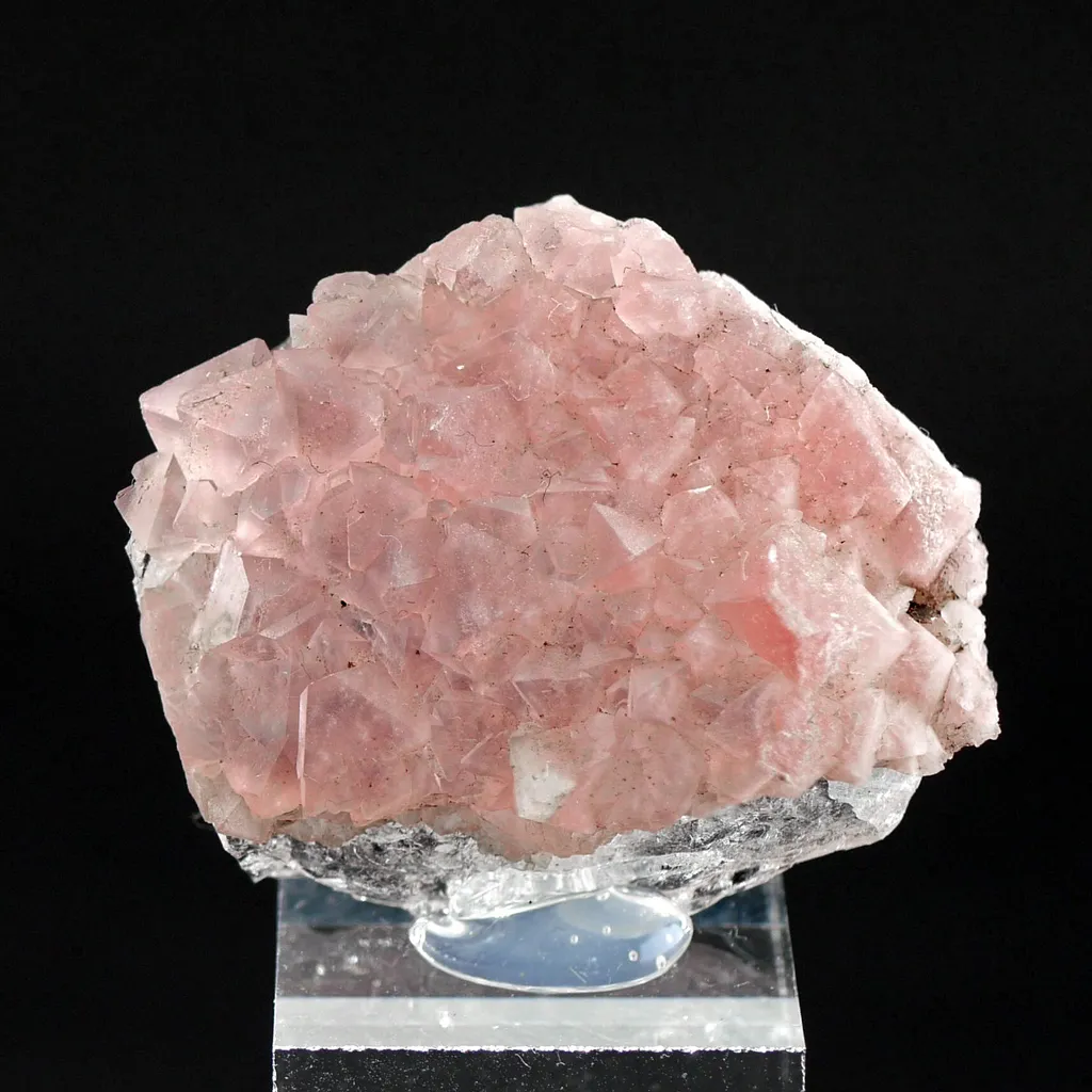 Pink Fluorite on Quartz from Mont-Blanc, France. Aesthetic crystals of translucent pastel pink alpine fluorite on bright, transparent quartz - image 6