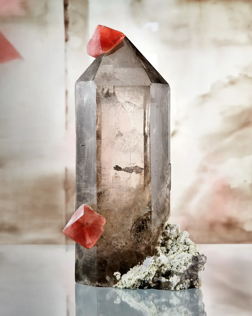 PINK FLUORITE ON SMOKY QUARTZ Tiefengletscher, Furka, Uri, Switzerland image