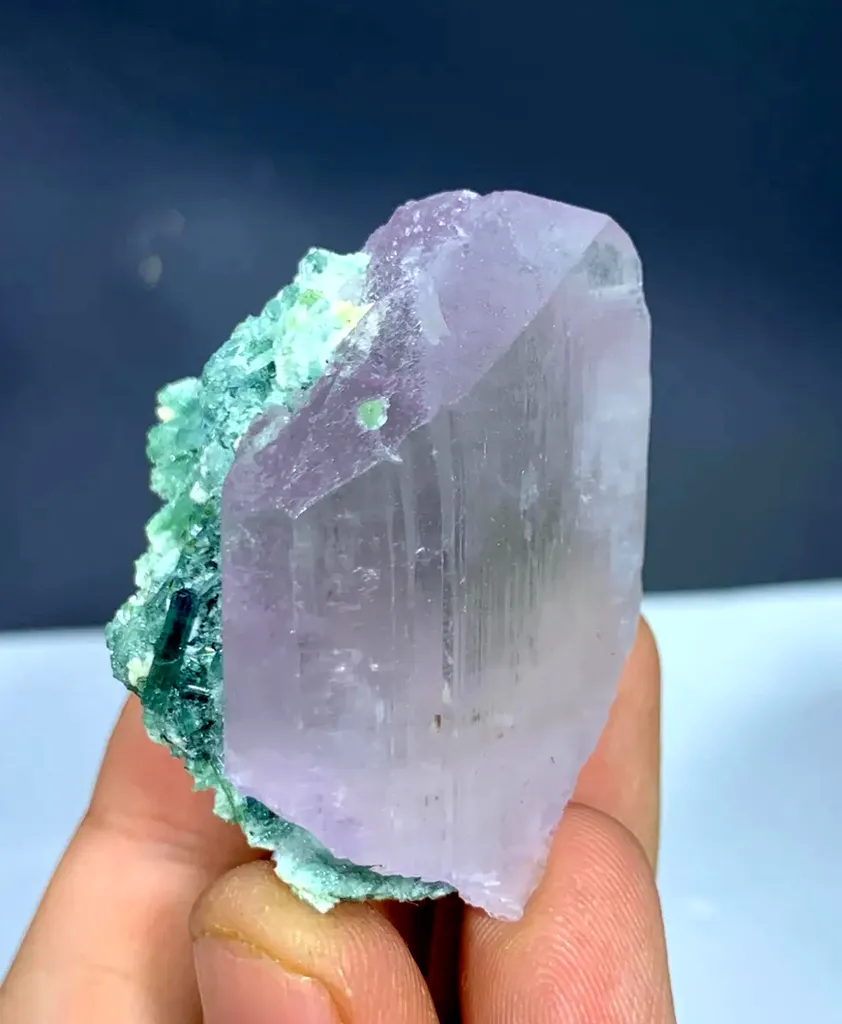 Pink Kunzite Crystal With Bluish Green Tourmaline Bunch @ Afghanistan image