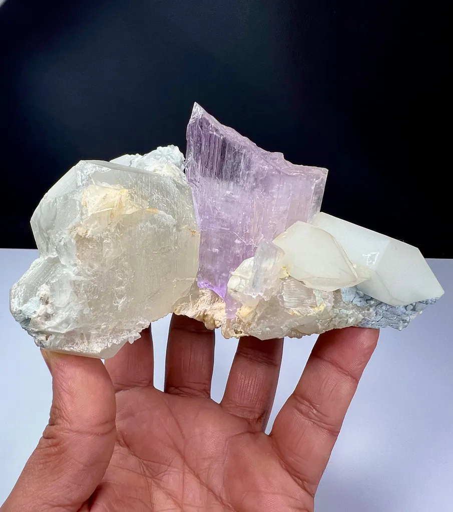 Pink Kunzite Crystals Specimen Combine With DT Quartz image